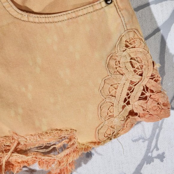 Free People Orange Acid Wash Distressed Lace Denim Shorts - Picture 2 of 4